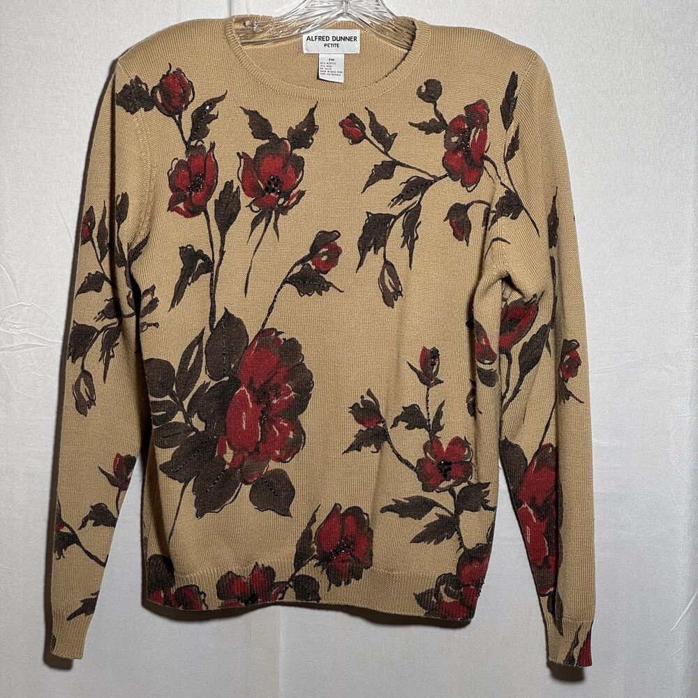 Vintage Alfred Dunner Petite M Floral Sweater Red Roses Sequin Wool Blend